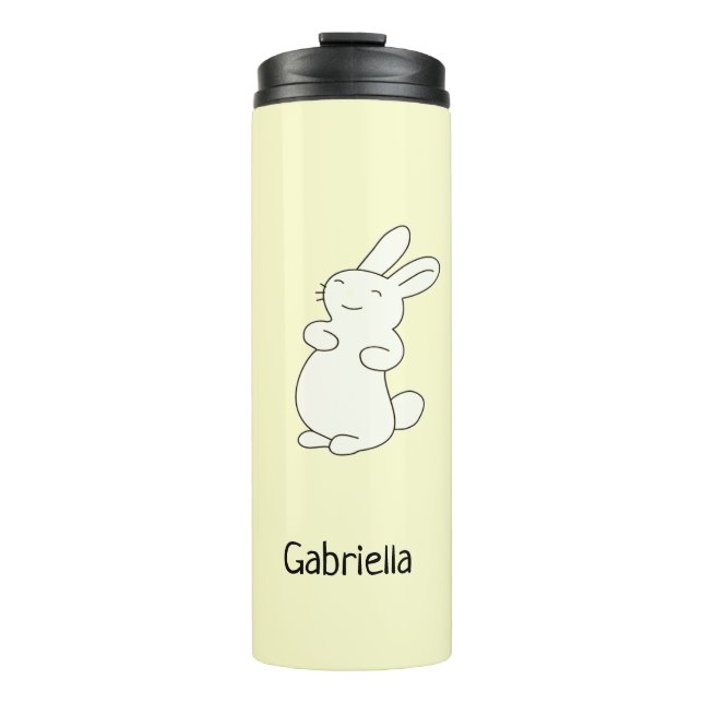 Garrafa Térmica Bonito coelho branco, nome personalizado amarelo (Frente)