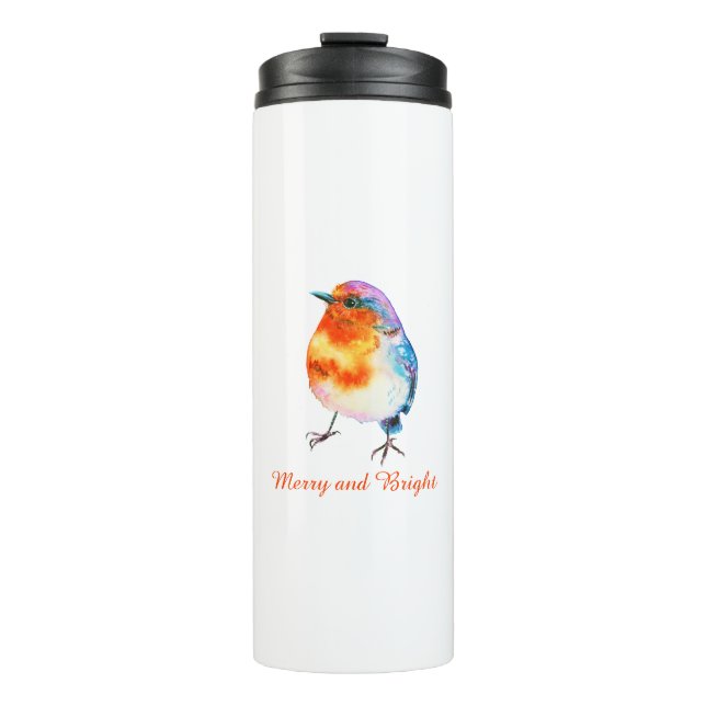 Garrafa Térmica Bonito Natal Robin Watercolor Feliz e Brilho (Frente)