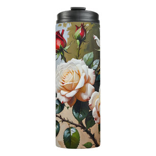 Garrafa Térmica Bonito pintura de branco rosa e rosa vermelha
