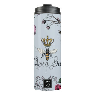 Garrafa Térmica Bonito Rainha Azul Abelha e Monograma Floral da Co