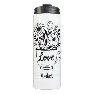 Garrafa Térmica Bonito Taça de Chá Preta com Flores