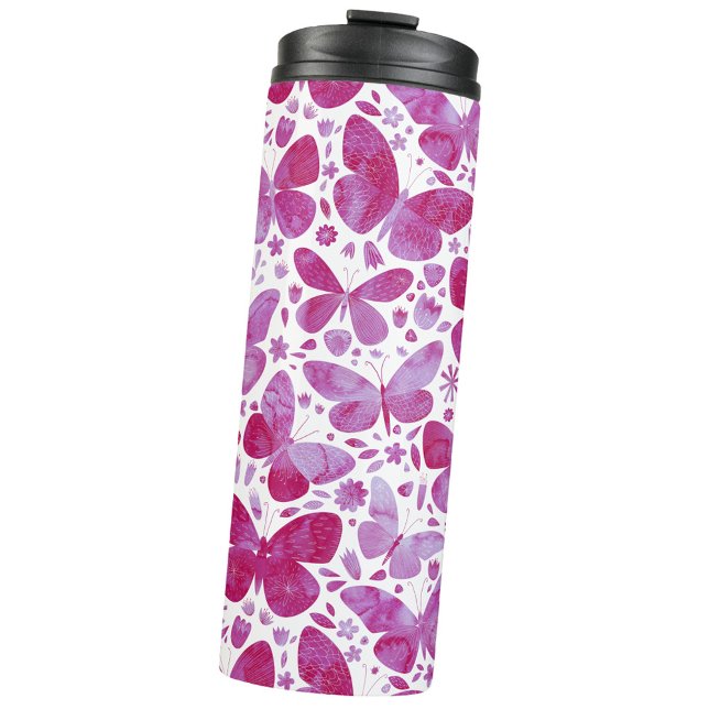 Garrafa Térmica Borboleta Aquarela Rosa (Magenta pink and white watercolor butterfly pattern thermal tumbler)