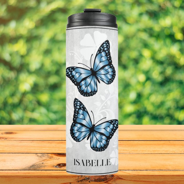 Garrafa Térmica Borboleta Azul Tumbler Térmico Personalizado Flora (Blue Butterfly Floral Personalized Thermal Tumbler)