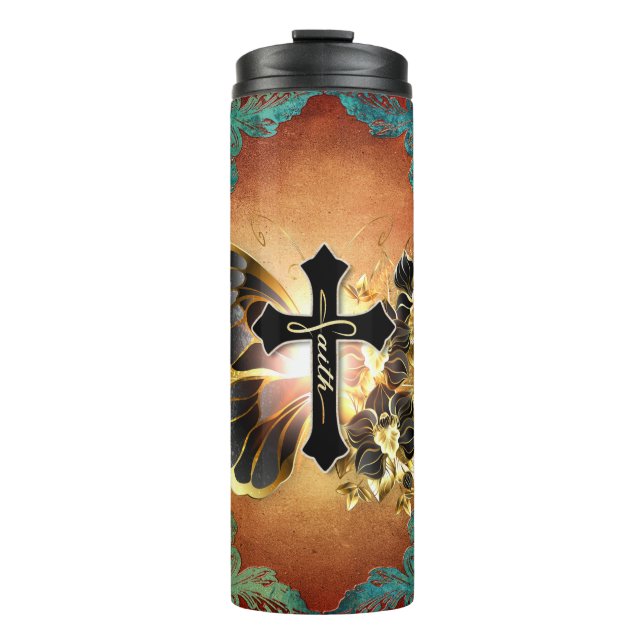 Garrafa Térmica Borboleta de fé com fundo Dourado e lacrado (Frente)