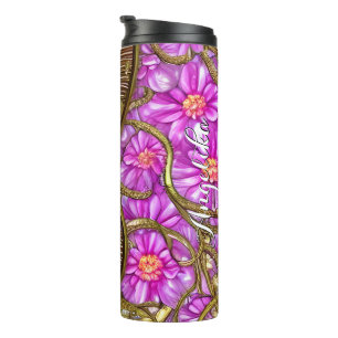 Garrafa Térmica Borboleta Dourada Elegante Margaridas Rosa Nome Pe