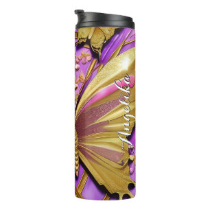 Garrafa Térmica Borboleta Dourada Rosa Quente Nome Personalizado