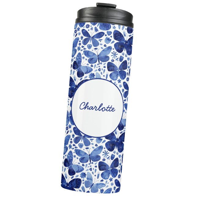 Garrafa Térmica Borboleta Marinho de Aquarela Indigo Blue Personal (Navy indigo blue and white watercolor butterfly pattern personalized name thermal tumbler)