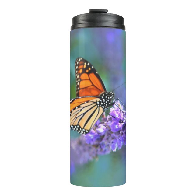 Garrafa Térmica Borboleta Monarca na Flor Lilás Roxo (Frente)