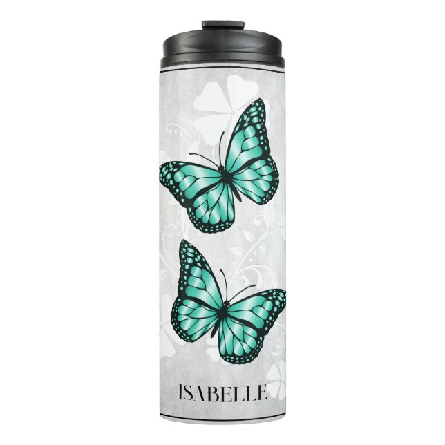 Garrafa Térmica Borboleta Teal Floral Personalizada Tumbler Térmic (Frente)