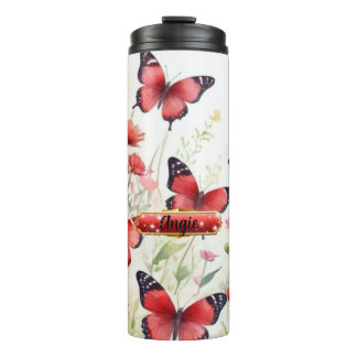 Garrafa Térmica Borboleta Vermelha de Aquarela Tumbler Térmico Flo