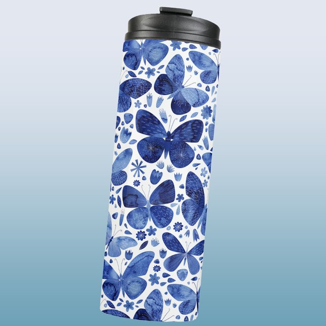 Garrafa Térmica Borboletas Aquarela Azul (Blue watercolor butterfly pattern thermal tumbler water bottle)