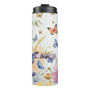 Garrafa Térmica Borboletas Azul e Laranja Tumbler Térmico