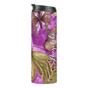 Garrafa Térmica Borboletas Douradas Flores Rosa Nome Personalizado