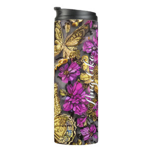 Garrafa Térmica Borboletas Douradas Rosa e Roxo Nome Personalizado