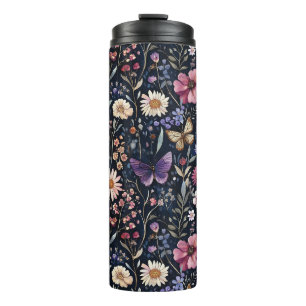 Garrafa Térmica Borboletas Florais Preto Roxo Amarelo Rosa