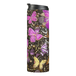 Garrafa Térmica Borboletas rosa, dourado e preto na moda personali
