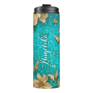 Garrafa Térmica Borboletas Teais Faux Dourado Glitter Nome Persona