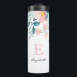 Garrafa Térmica Borda Floral Rosa e Verde<br><div class="desc">Uma garrafa de água com uma elegante borda floral. Flores e folhas cor-de-rosa e verde.</div>