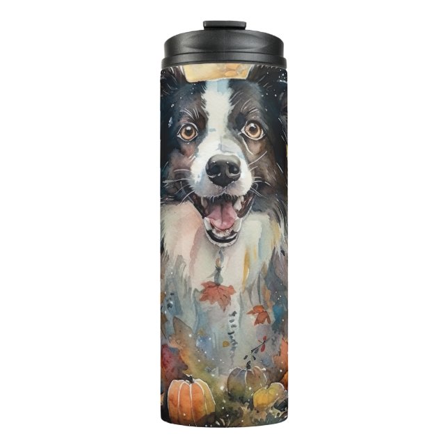 Garrafa Térmica Border Collie de Halloween com Abóboras Assustador (Frente)