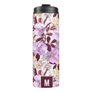 Garrafa Térmica Borgonha Deixa Púrpura Padrão Floral   Monograma