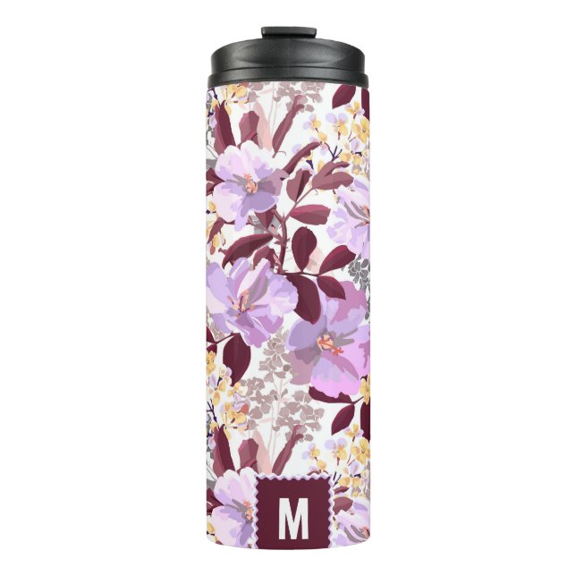 Garrafa Térmica Borgonha Deixa Púrpura Padrão Floral | Monograma (Frente)