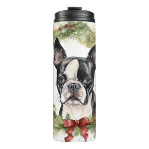Garrafa Térmica Boston Terrier Christmas Wreath Festivo Pup