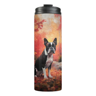 Garrafa Térmica Boston Terrier nas Folhas de Outono Caindo Inspira