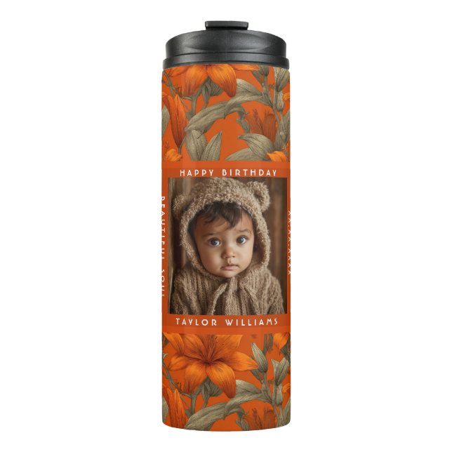 Garrafa Térmica Botanical Inspired Custom Lilies Themed Birthday (Frente)