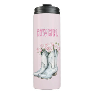 Garrafa Térmica Botas Vaqueira Prata Rosas Rosa Bonito