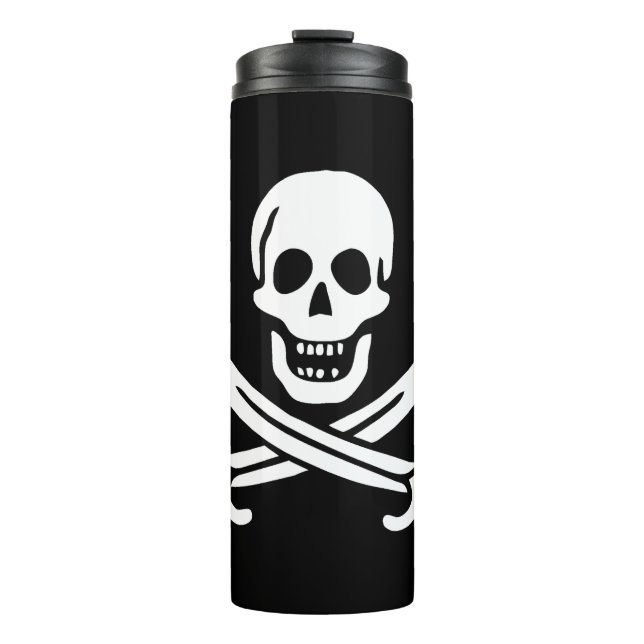 Garrafa Térmica Branco, Bandeira Pirata, Calico Jack, Caveira e Cu (Frente)