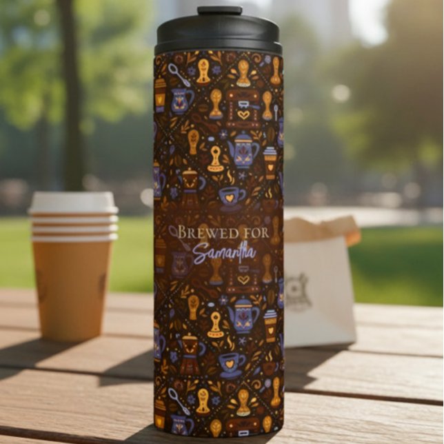 Garrafa Térmica Brewed for [Name] — folk coffee (cocoa & slate) (Criador carregado)