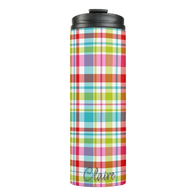 Garrafa Térmica Bright Rainbow Plaid Checkered Pattern Custom Name (Frente)