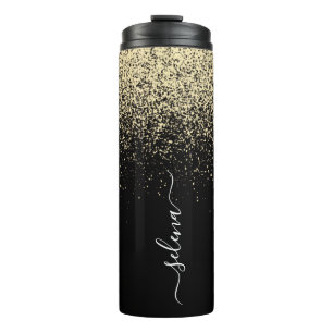 Garrafa Térmica Brilho Dourado Preto Monograma Menina