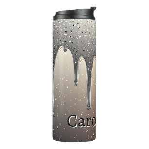 Garrafa Térmica Brilho Dourado Rosa Gotejamento Nome Personalizado
