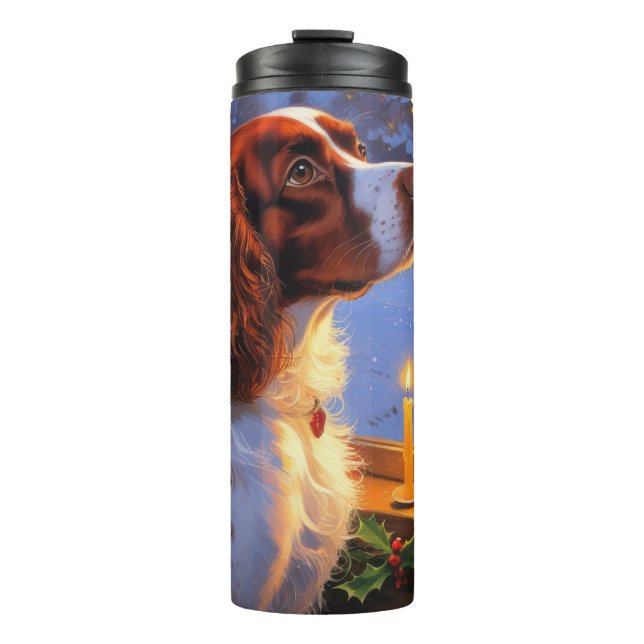 Garrafa Térmica Brittany Spaniel com Luzes de Natal Feriado  (Frente)