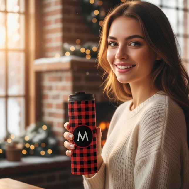 Garrafa Térmica Buffalo Plaid Christmas Tree Monogram (Criador carregado)