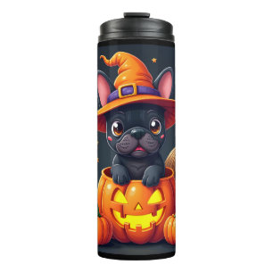 Garrafa Térmica Bulldog Francês Bruxa Abóbora Halloween Homens Mul