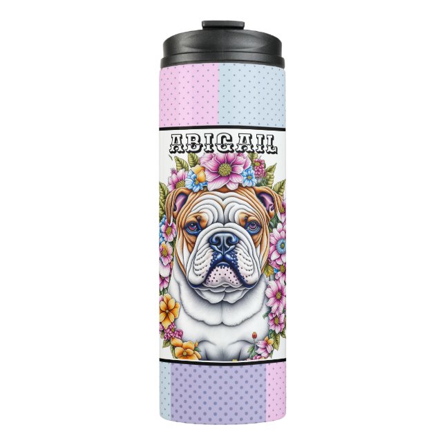 Garrafa Térmica Bulldog Personalizado e Flores Whimsical (Frente)