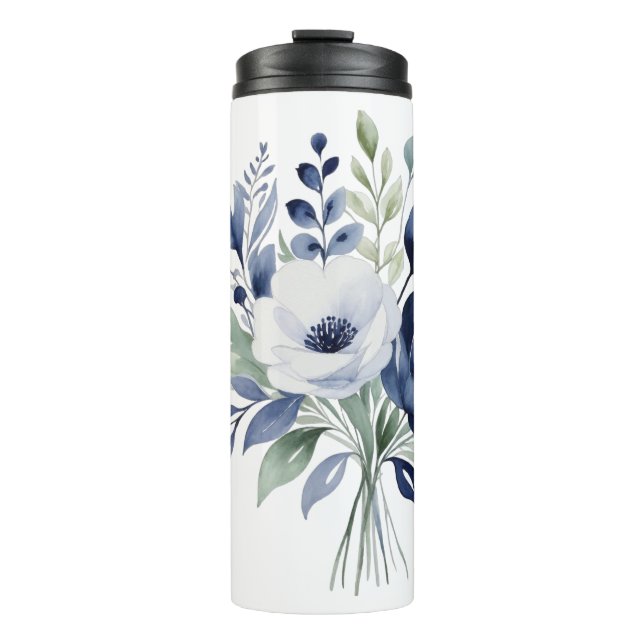 Garrafa Térmica Buquê Floral Branco e Azul de Aquarela (Frente)