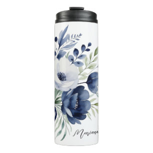 Garrafa Térmica Buquê Floral Branco e Azul de Aquarela