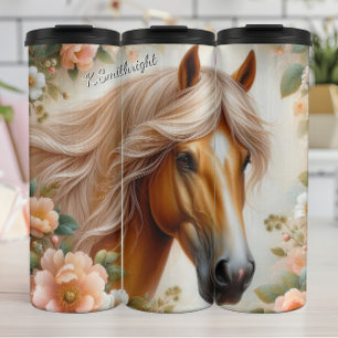 Garrafa Térmica Cabeça de Cavalo Floral Dourada Beleza