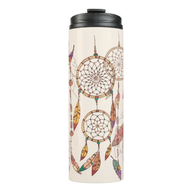Garrafa Térmica Caçador de sonhos boêmico com miçangas e penas, se (Frente)