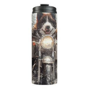 Garrafa Térmica Cachorro Akita Americano Andando de Motocicleta Na