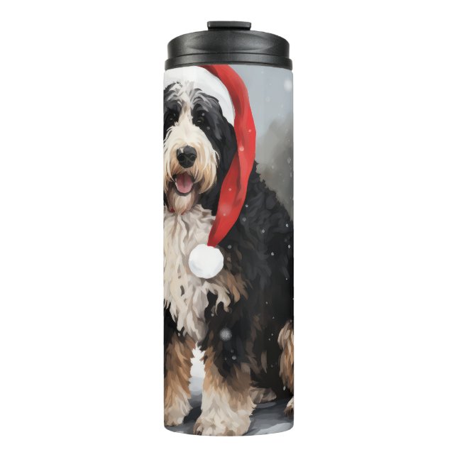 Garrafa Térmica Cachorro de Bernedoodle no Natal da Neve (Frente)