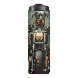 Garrafa Térmica Cachorro Doberman Andando de Motocicleta Natal