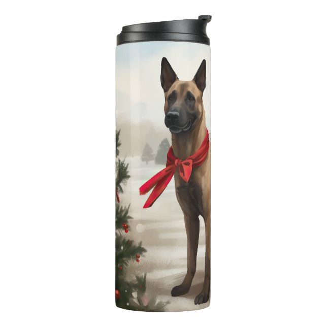 Garrafa Térmica Cachorro Malinois belga no Natal da neve (Giro à esquerda)