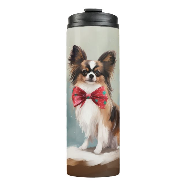 Garrafa Térmica Cachorro Papillon na Neve de Natal  (Frente)
