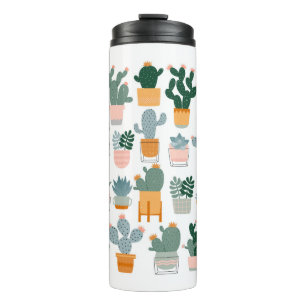 Garrafa Térmica Cactus e suculentos em potes sobre fundo branco.