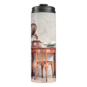 Garrafa Térmica Cadeira antiga, máquina de escrever antiga, rádio 