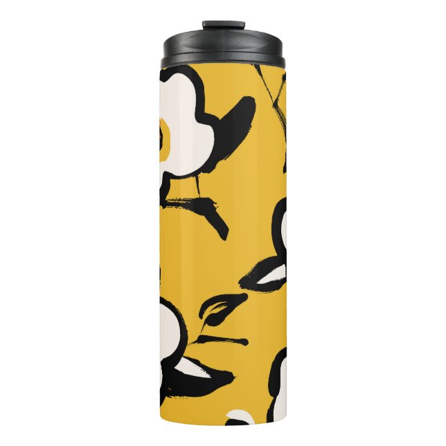 Garrafa Térmica Camellia amarela, vintage floral. (Frente)